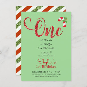 Red & Green Glitter Christmas Holiday 1st Birthday Invitation