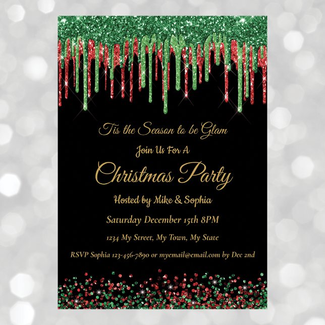 Red Green Glitter Dripping Christmas Party Black  Invitation (Creator Uploaded)