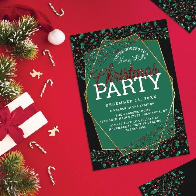 Red Green Glitter Holly Leaves Christmas Party Invitation (Creator Uploaded)