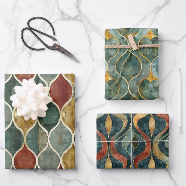 Red, Green, Gold Arabesque 3 Wrapping Paper Sheets (Front)