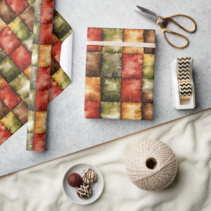 Red Green Gold Brown Squares Birthday Wrapping Paper