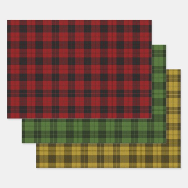 Red Green Gold Buffalo Plaid Check Tartan Patterns Wrapping Paper Sheet (Set)