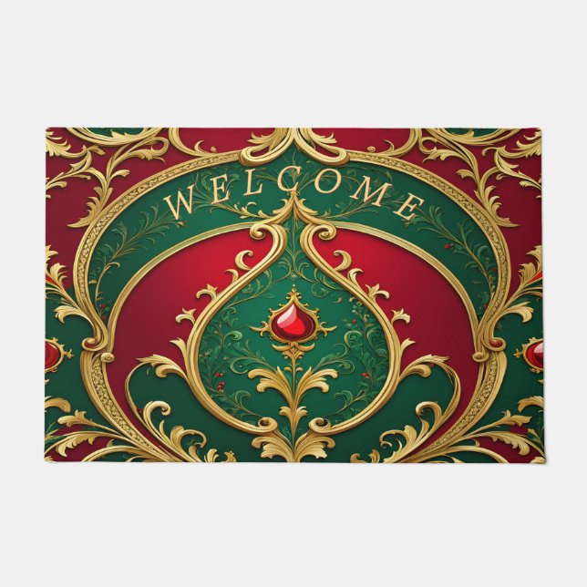 Red Green Gold Christmas Holiday Doormat (Front)