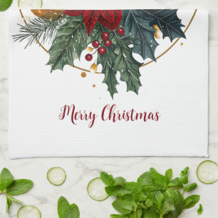 Red Green Gold Christmas Holiday Floral Botanicals Tea Towel