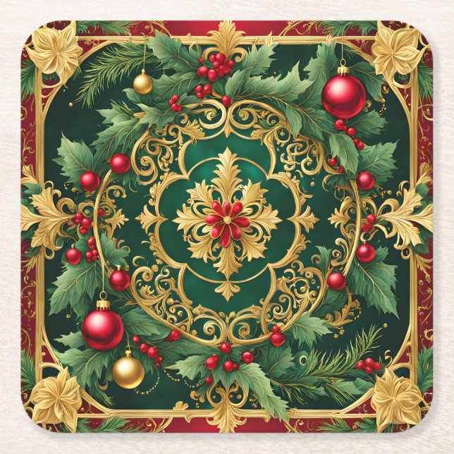 Red Green Gold Christmas Holiday Paper Coaster (Front)