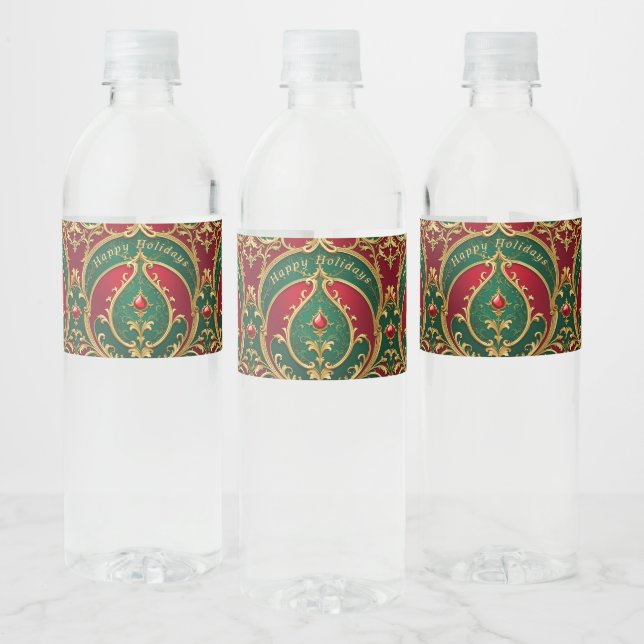 Red Green Gold Christmas Holiday Water Bottle Label (Bottles)