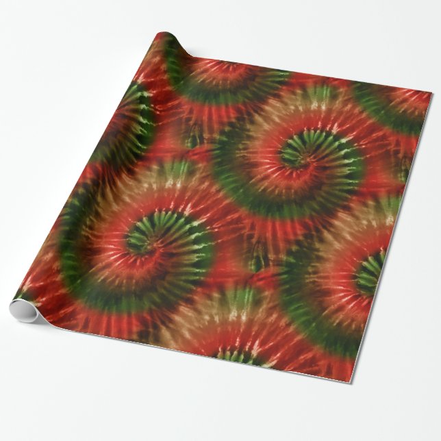 Red Green & Gold Fun Tie Dye Starburst Retro Wrapping Paper (Unrolled)