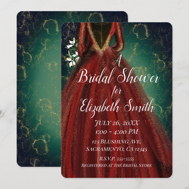 Red Green Gold Glam Holiday Dress Bridal Shower Invitation (Front/Back)