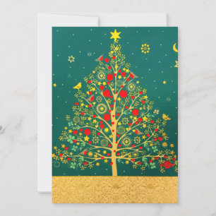 Red Green Gold Glitter Chrismas Winter Bird Tree Holiday Card