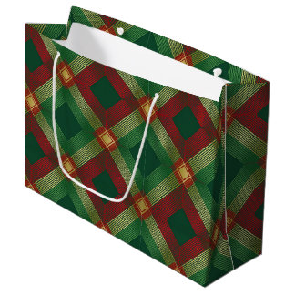 RED GREEN GOLD HOLIDAY PLAID PATTERN LARGE GIFT BAG