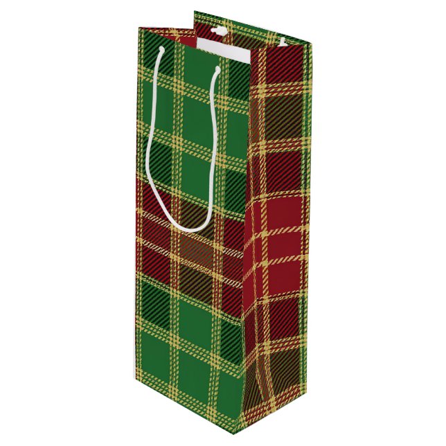 RED GREEN GOLD HOLIDAY PLAID PATTERN WINE GIFT BAG (Front Angled)