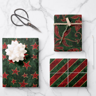 Red, Green & Gold Holiday Velvet Christmas Pattern Wrapping Paper Sheet