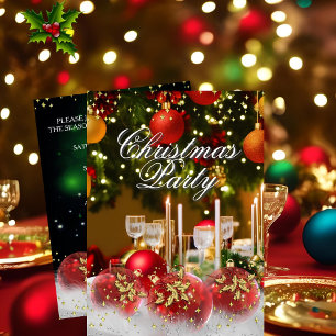 Red Green Gold Holly Baubles Christmas Party Invitation