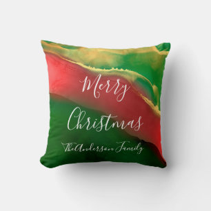 Red Green Gold Monogram Merry Christmas Cushion