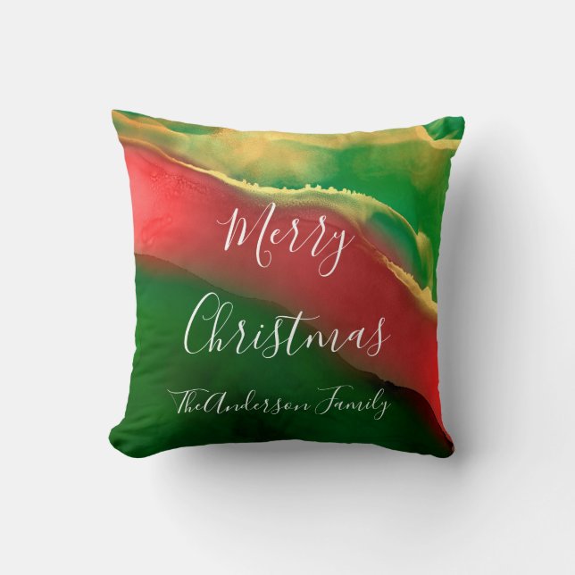 Red Green Gold Monogram Merry Christmas Cushion (Front)