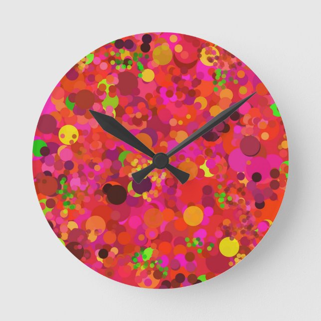 Red Green Gold & Pink Dots Colourful Pattern Round Clock (Front)