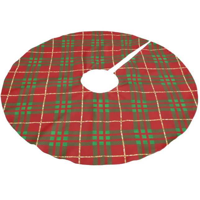 Red Green Gold Plaid Christmas Brushed Polyester Tree Skirt (Angled)