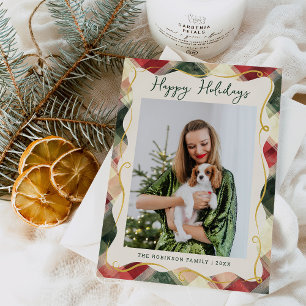 Red Green Gold Plaid Pattern Christmas 1 Photo Holiday Card