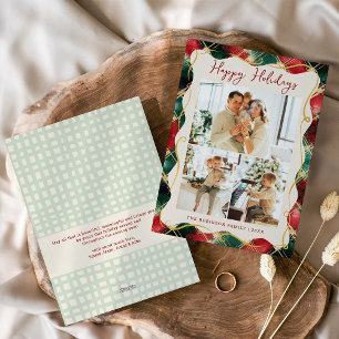 Red Green Gold Plaid Pattern Happy Holidays Photo Holiday Card