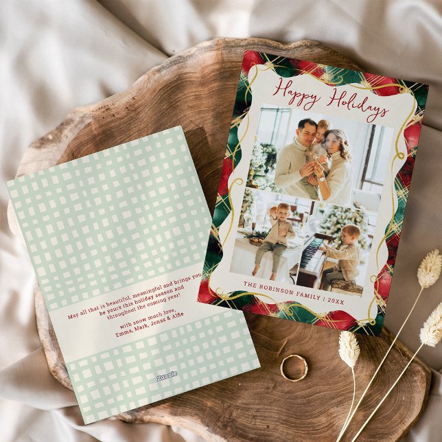Red Green Gold Plaid Pattern Happy Holidays Photo Holiday Card (Creator Uploaded)
