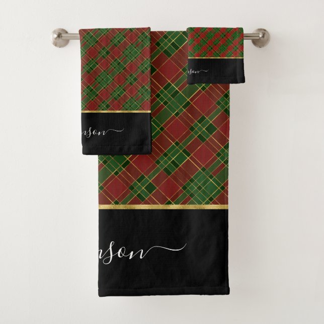 Red Green Gold Plaid Personalised Christmas Tartan Bath Towel Set (Insitu)