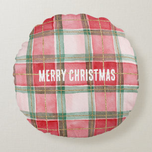 Red Green Gold Plaid Stripes Christmas Round Cushion