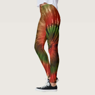 Red Green & Gold Psychedelic Tie Dye Christmas Leggings
