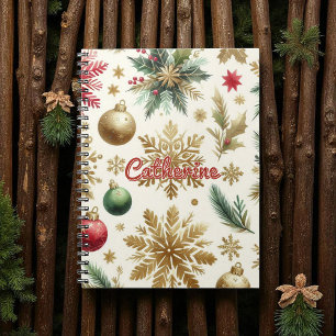 Red Green Gold Snowflake Floral Holiday Notebook