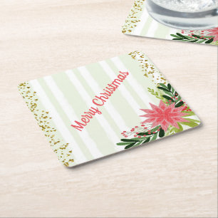 Red Green Gold Sparkle Poinsettia Christmas  Square Paper Coaster