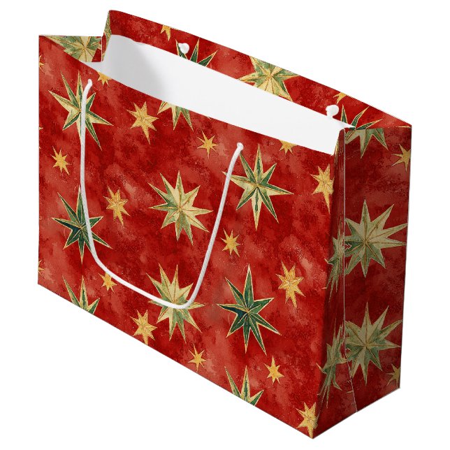 Red Green Gold Stars Christmas Large Gift Bag (Front Angled)