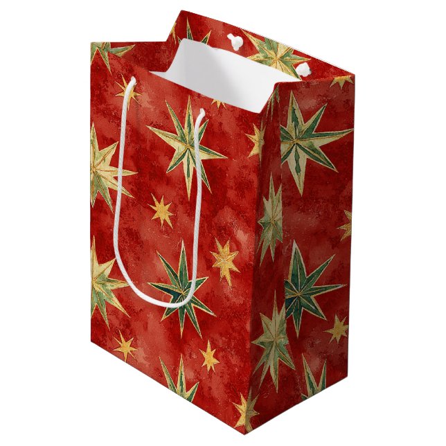 Red Green Gold Stars Christmas Medium Gift Bag (Front Angled)