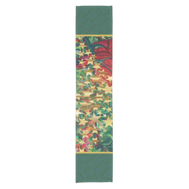 Red Green Gold Stars Festive Holiday Christmas Short Table Runner (Front)