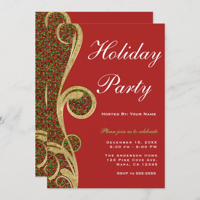 Red Green Gold Swirl Christmas Holiday Party Invitation (Front/Back)