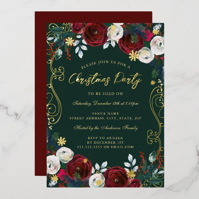 Red Green Gold Swirl Floral Christmas Party (Front/Back)