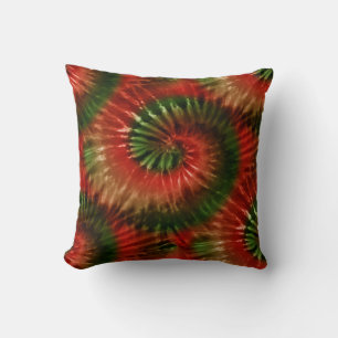 Red Green & Gold Tie Dye Starburst Spiral Retro Cushion