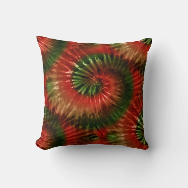 Red Green & Gold Tie Dye Starburst Spiral Retro Cushion (Front)