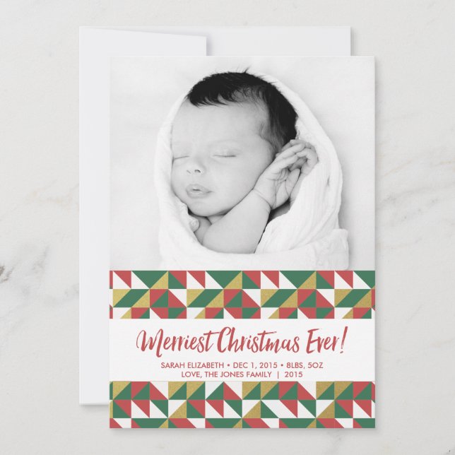 Red Green Gold Triangles Christmas Photo 5x7 Card (Front)