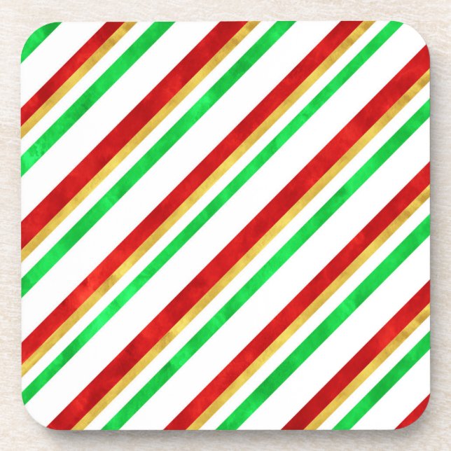 Red Green Gold Watercolor Candy Cane Stripes Coaster (Front)