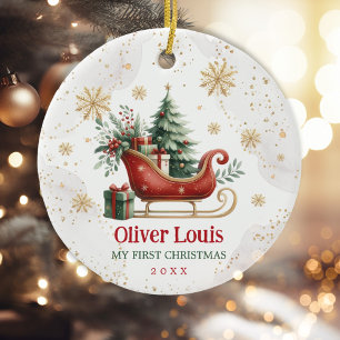 Red Green Gold Winter Sleigh Baby 1st Christmas Ceramic Ornament