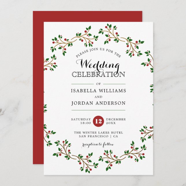 Red, Green & Gold Winter Wreath | Elegant Wedding Invitation (Front/Back)