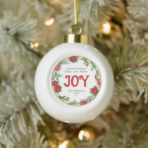 Red Green Gold Wreath Joy Modern Merry Christmas Ceramic Ball Christmas Ornament