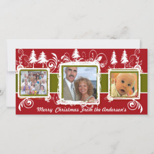 Red Green Grunge Pine Swirls Holiday Family Photo