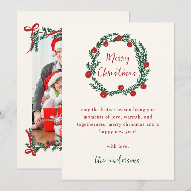 Red Green Hand Drawn Merry Christmas Photo Holiday Card (Front/Back)