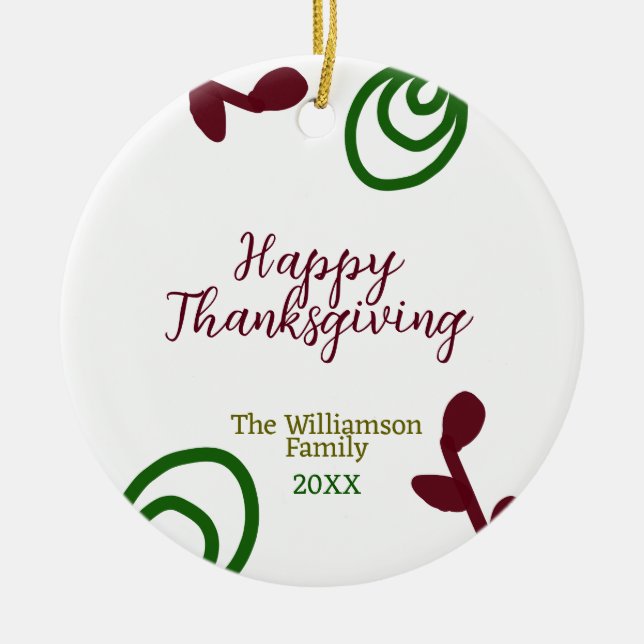 Red green happy Thanksgiving floral leaf fall Ceramic Ornament (Front)