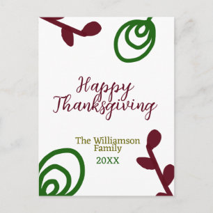 Red green happy Thanksgiving floral leaf fall Holiday Postcard