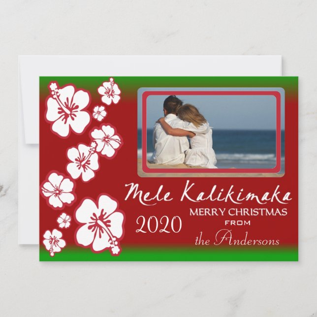 Red green Hawaii hibiscus Christmas photo cards (Front)