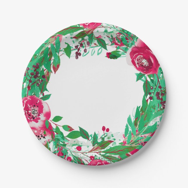 Red Green Holiday Christmas Floral Flowers Wedding Paper Plate (Front)