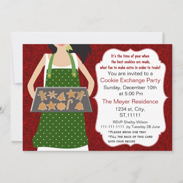 Red & Green Holiday Cookie swap Invite recipe card (Front)