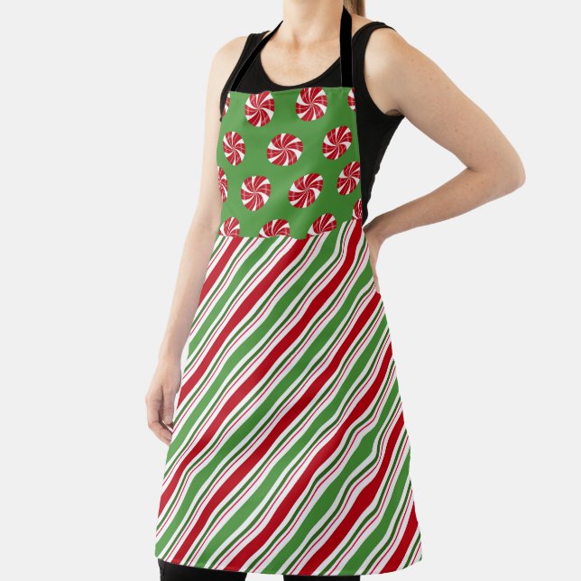 RED & GREEN HOLIDAY PEPPERMINT CANDY & STRIPES APRON (Insitu)