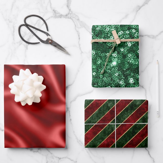Red & Green Holiday Satin & Glitter Christmas Wrapping Paper Sheet (Front)